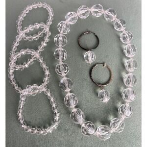 Sparkling Crystal Beaded Necklace, 4 Bracelets, & Hoop Earrings Set Faceted P107